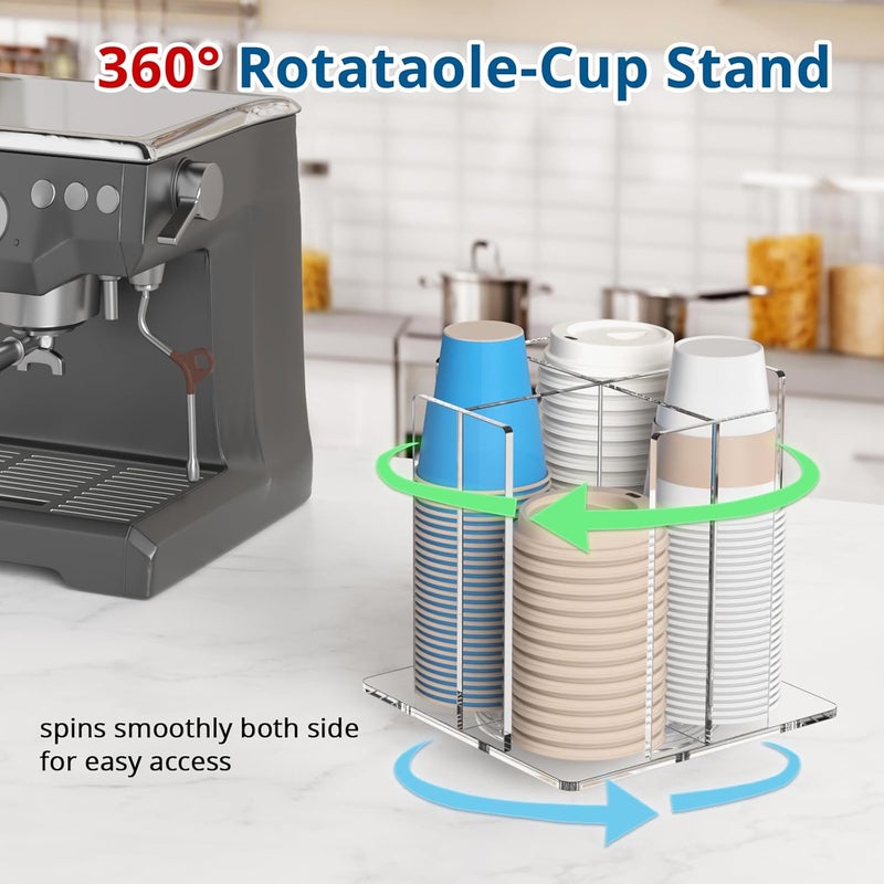 KOTEMON Cup and Lid Holder, 4 Compartment, Square | Rotating Coffee Cup Dispenser Lid Carousel for Restaurant, Buffet, Coffee Station, Bar, Countertop, Clear Acrylic - Image 2
